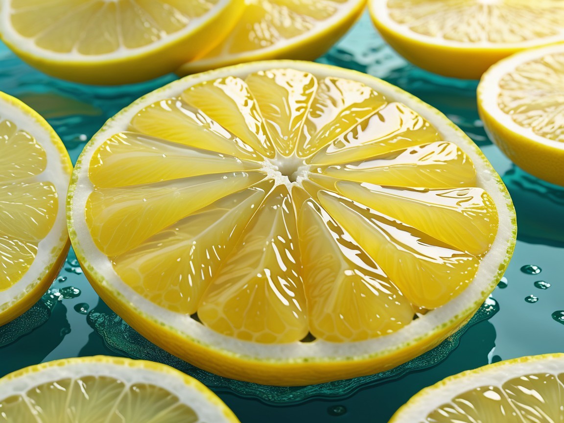 Close-up of Fresh Lemon Halves on Blue Water Surface