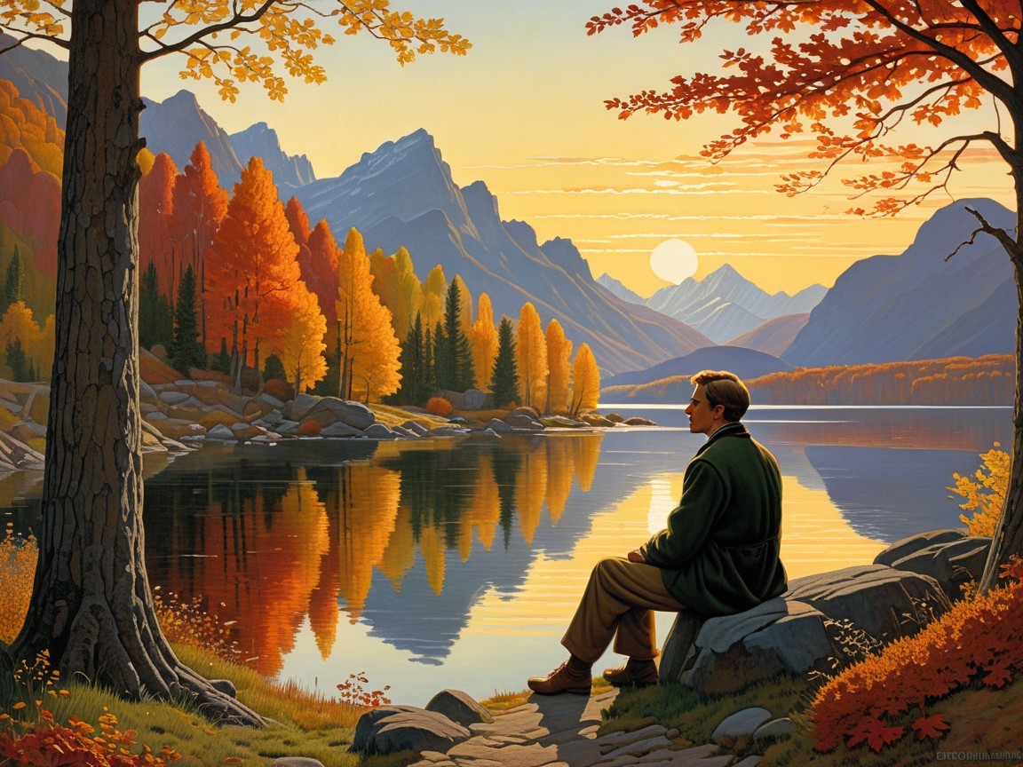 Autumn Landscape with Tranquil Lake and Mountains