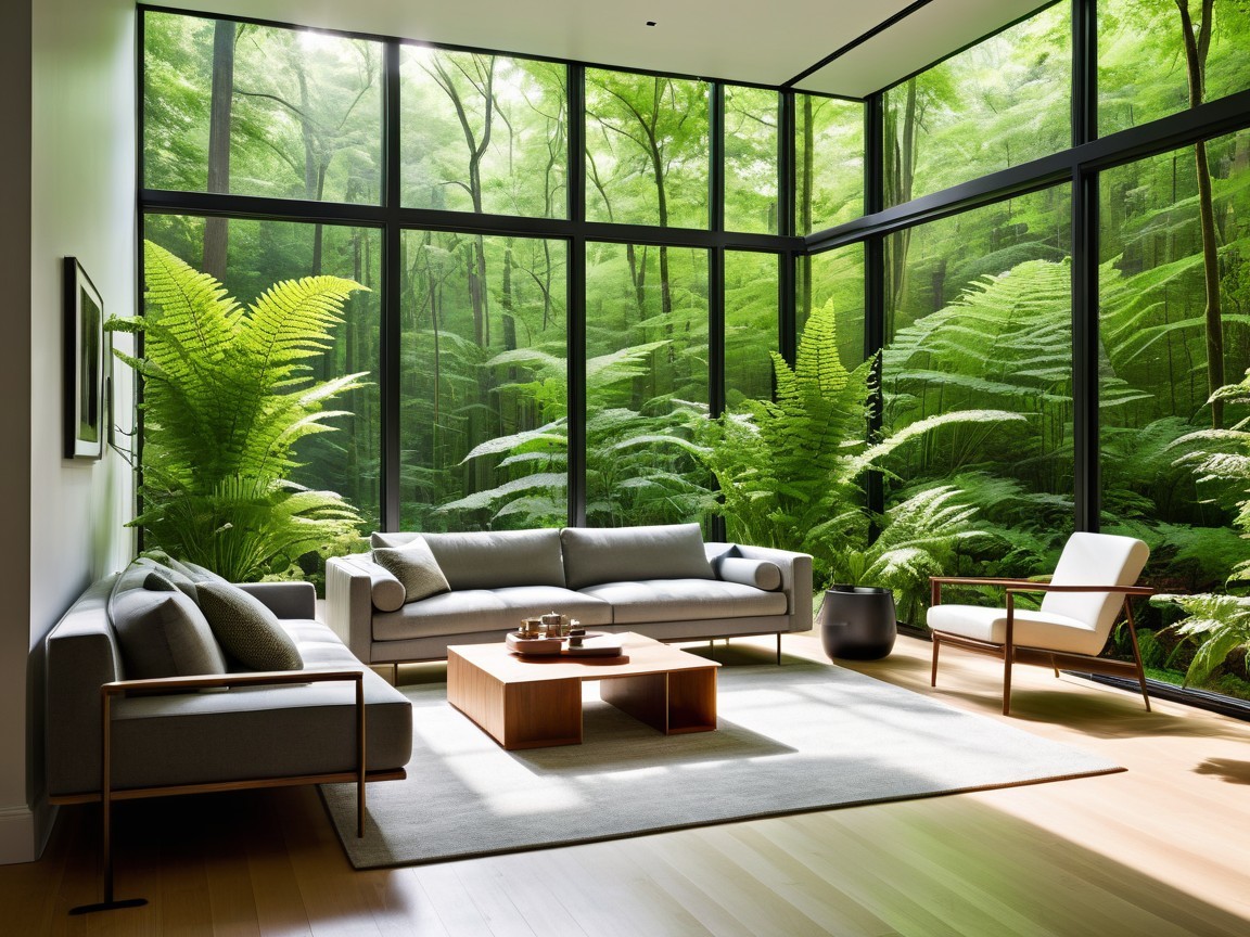 Modern Living Room with Glass Walls and Nature Views