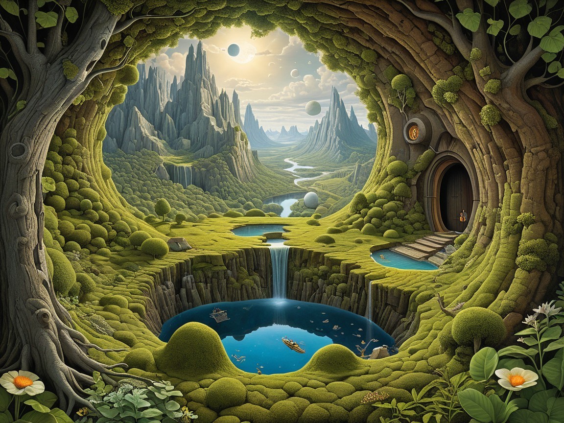 Hollow Tree View of Vibrant Fantasy Landscape