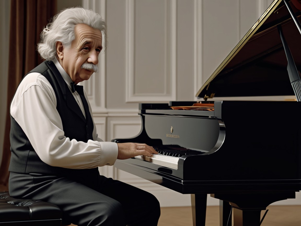 Elderly Man Playing Piano with Sheet Music Nearby