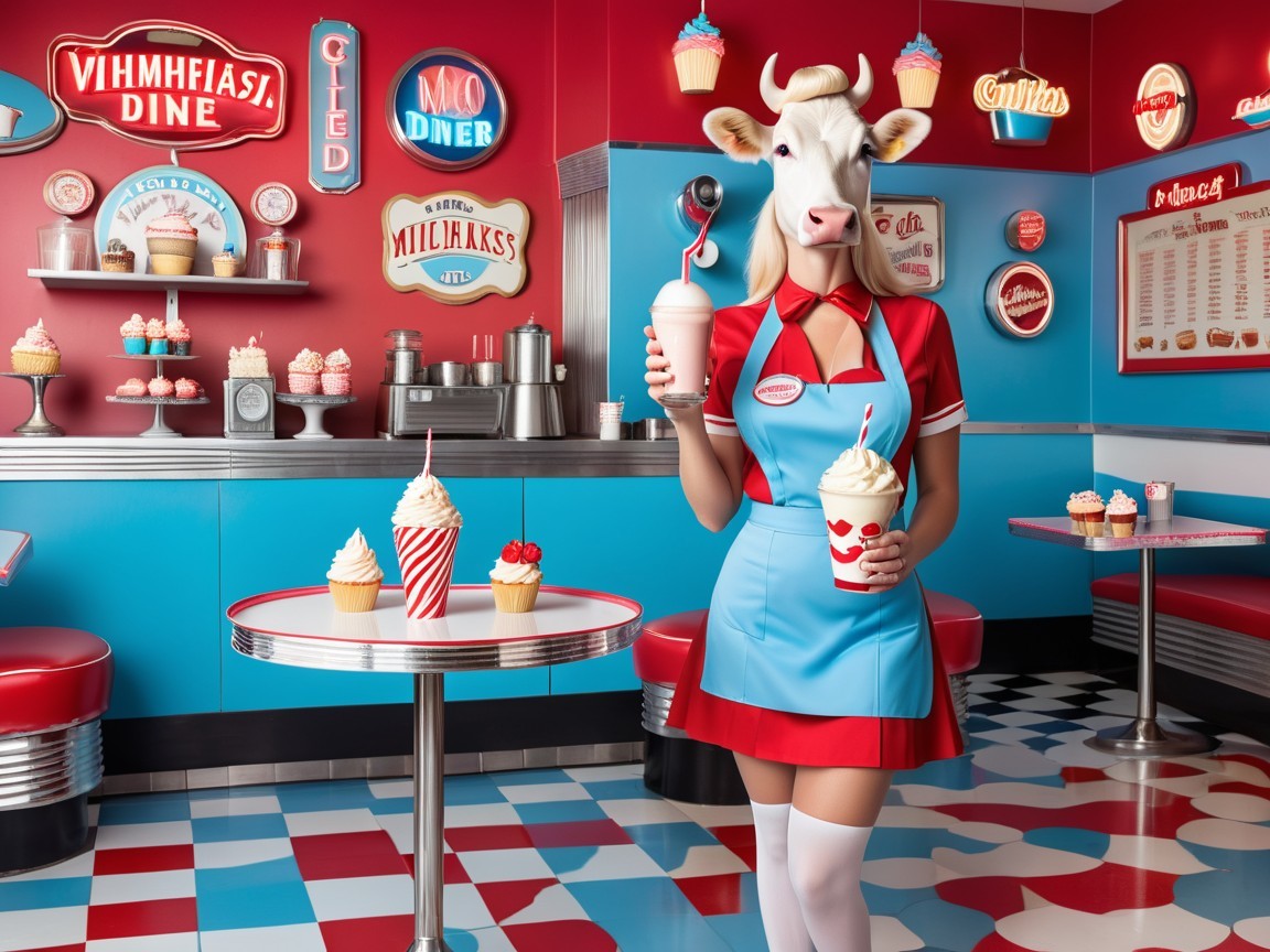 Whimsical Diner Scene with Cow-Dressed Woman