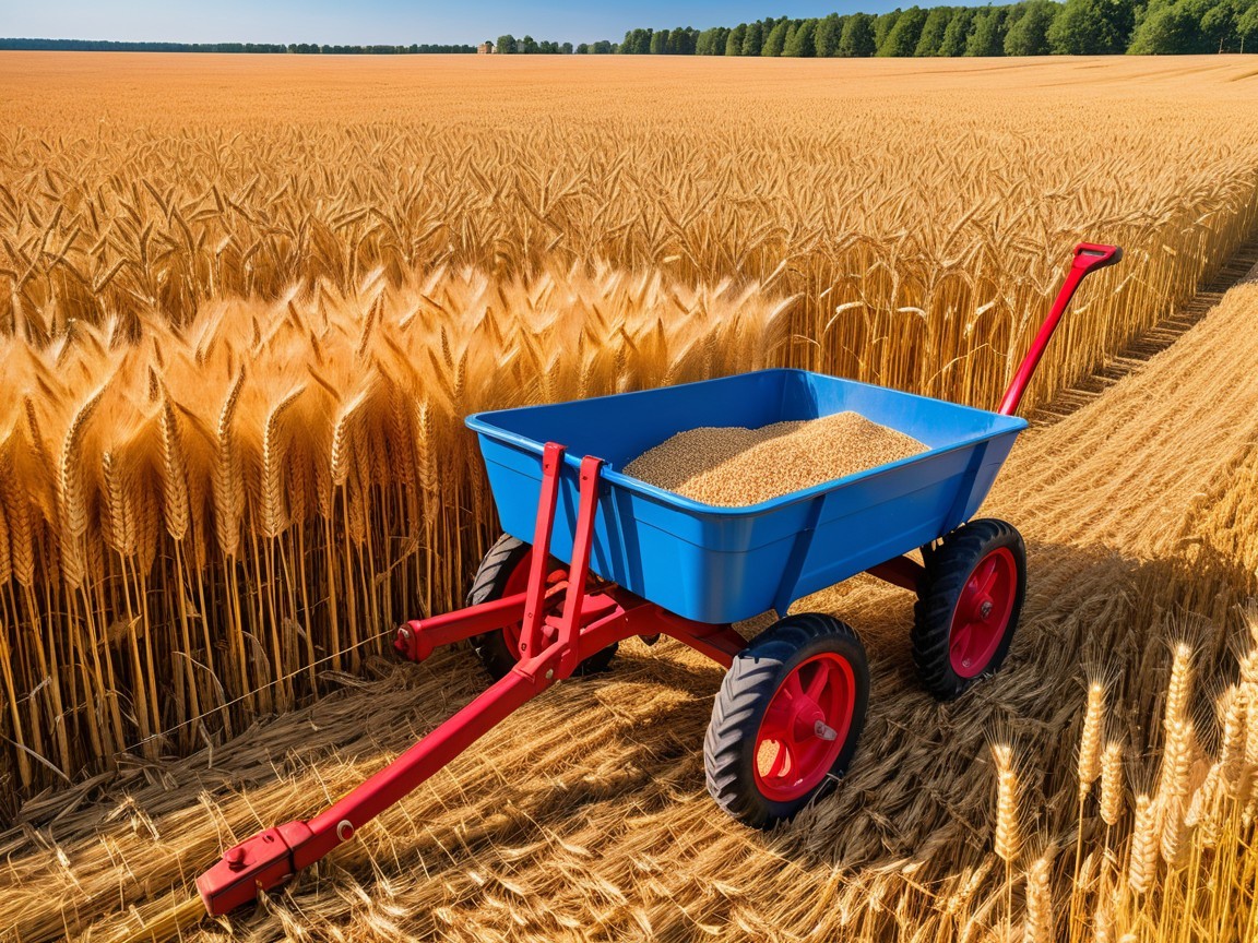 Golden Wheat Field with Blue Wheelbarrow in Foreground