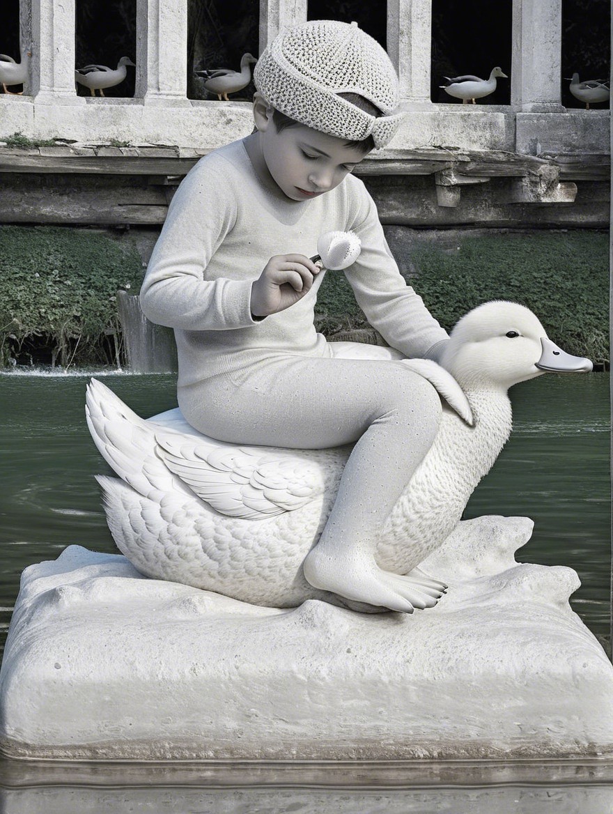 Child on Carved Stone Duck in Tranquil Pond Scene
