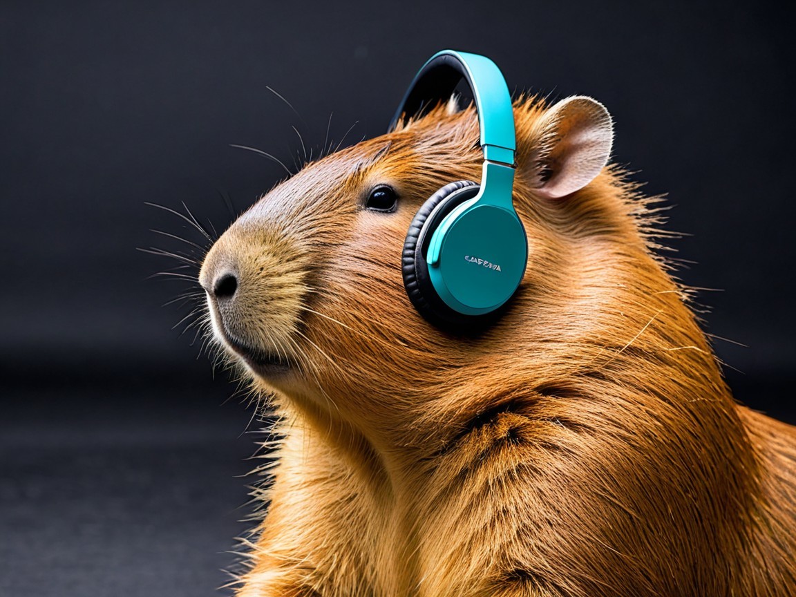 Capybara with Turquoise Headphones in Dark Setting