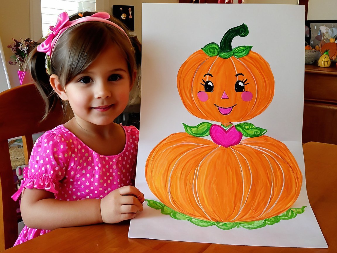 Little Girl with Pumpkin Card at Wooden Table