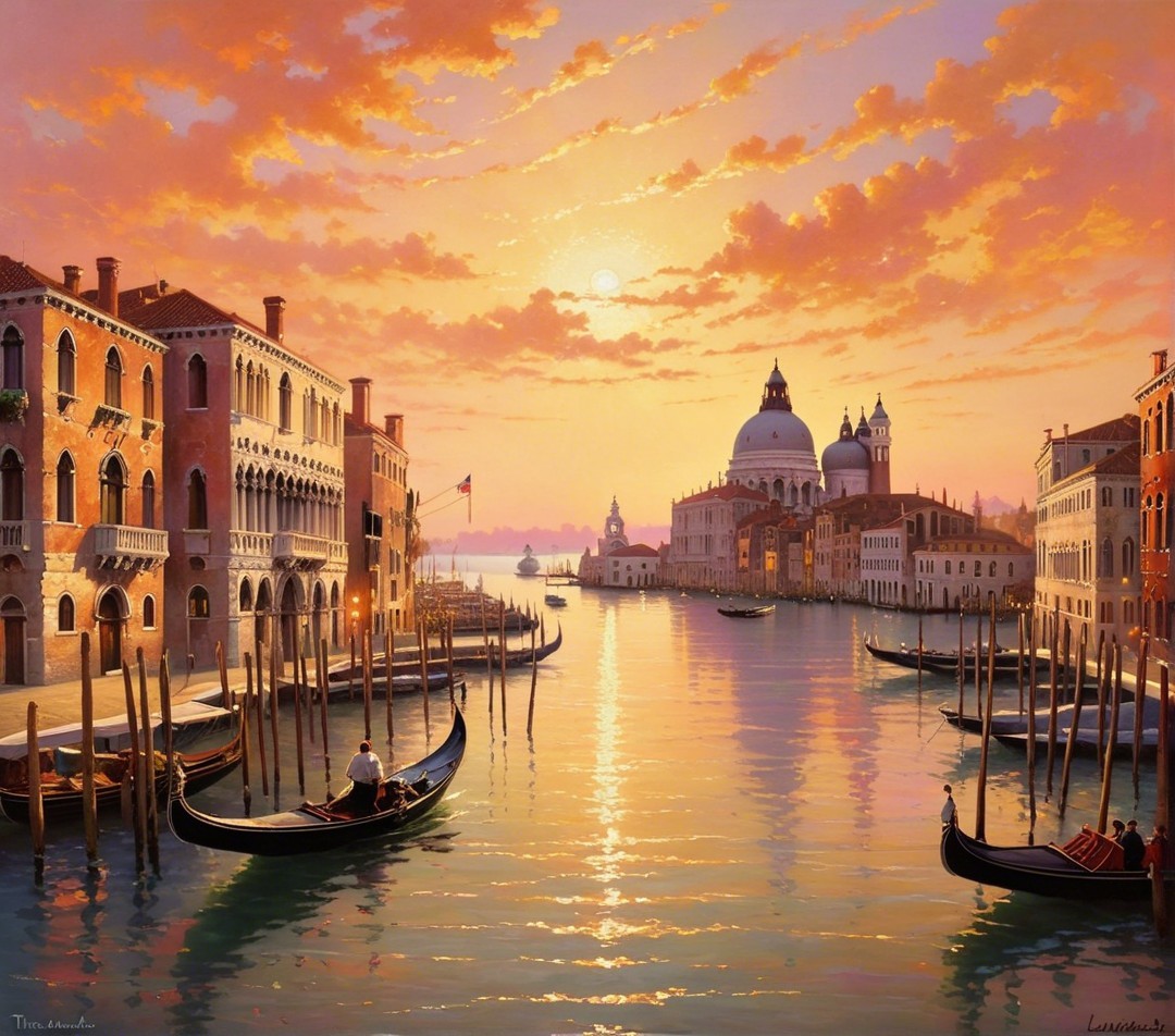 Serene Sunset Over Venetian Canal with Gondolas