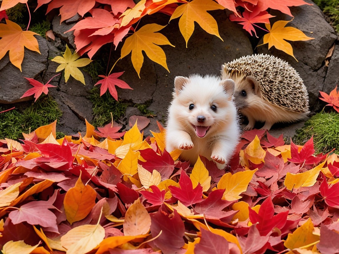 Fluffy Puppy and Hedgehog in Autumn Leaves Scene