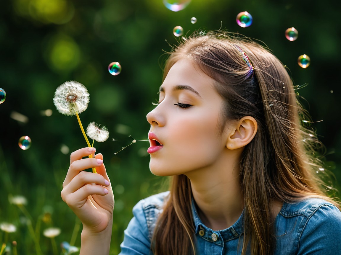 Young girl blowing dandelion seeds in a sunny setting