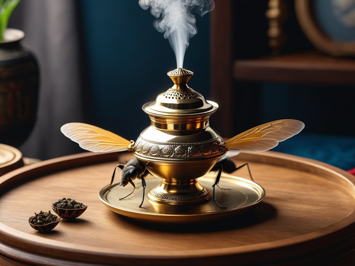Golden Insect-Shaped Incense Burner on Wooden Tray