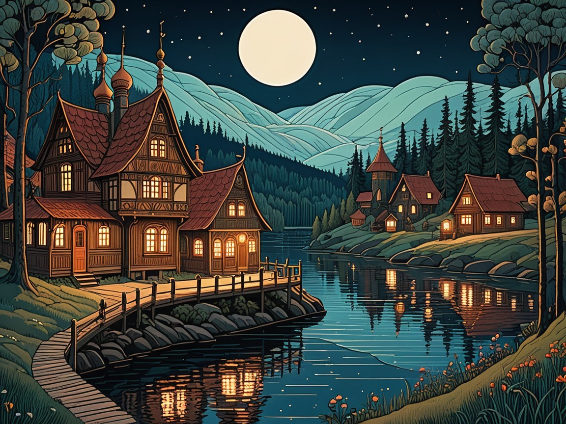 Tranquil Village Scene by a Shimmering Lake at Night