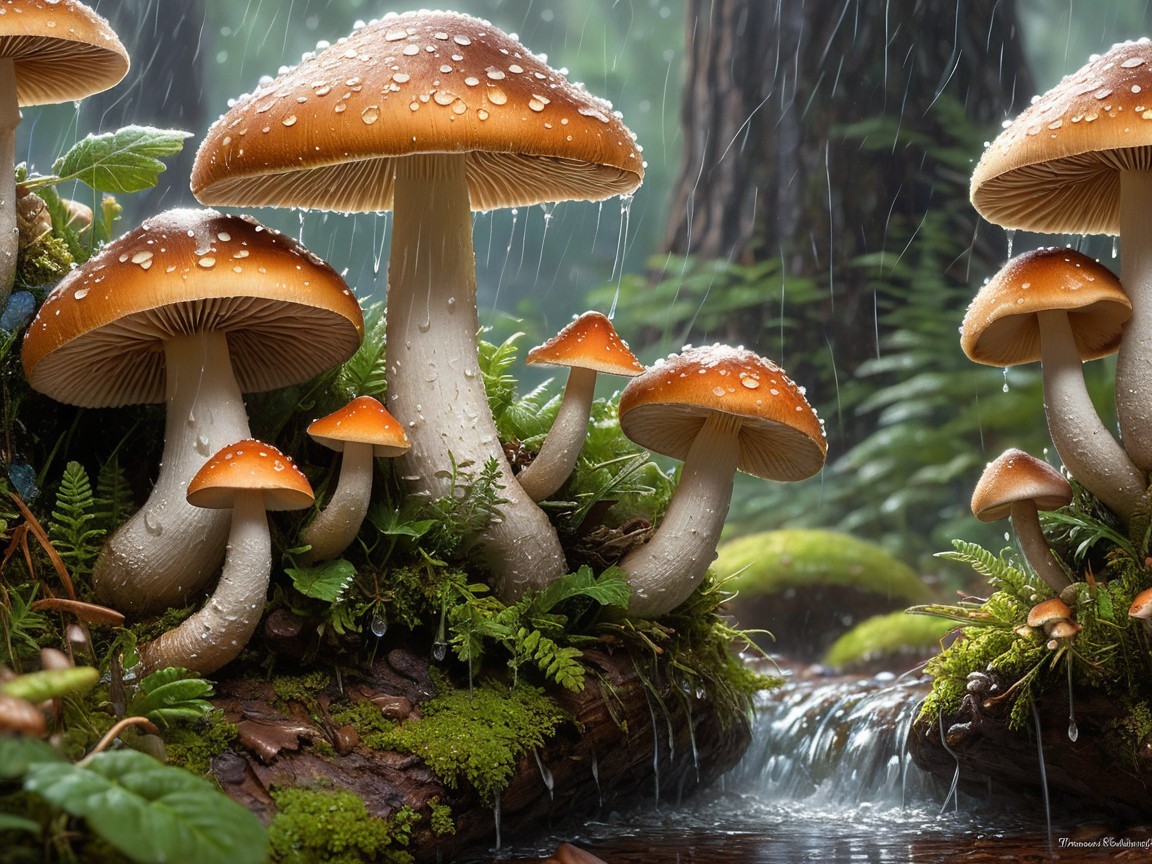 Vibrant Forest Scene with Mushrooms and Stream