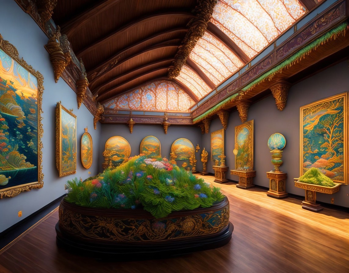 Lavish Art Gallery with Ornate Decor and Vibrant Paintings