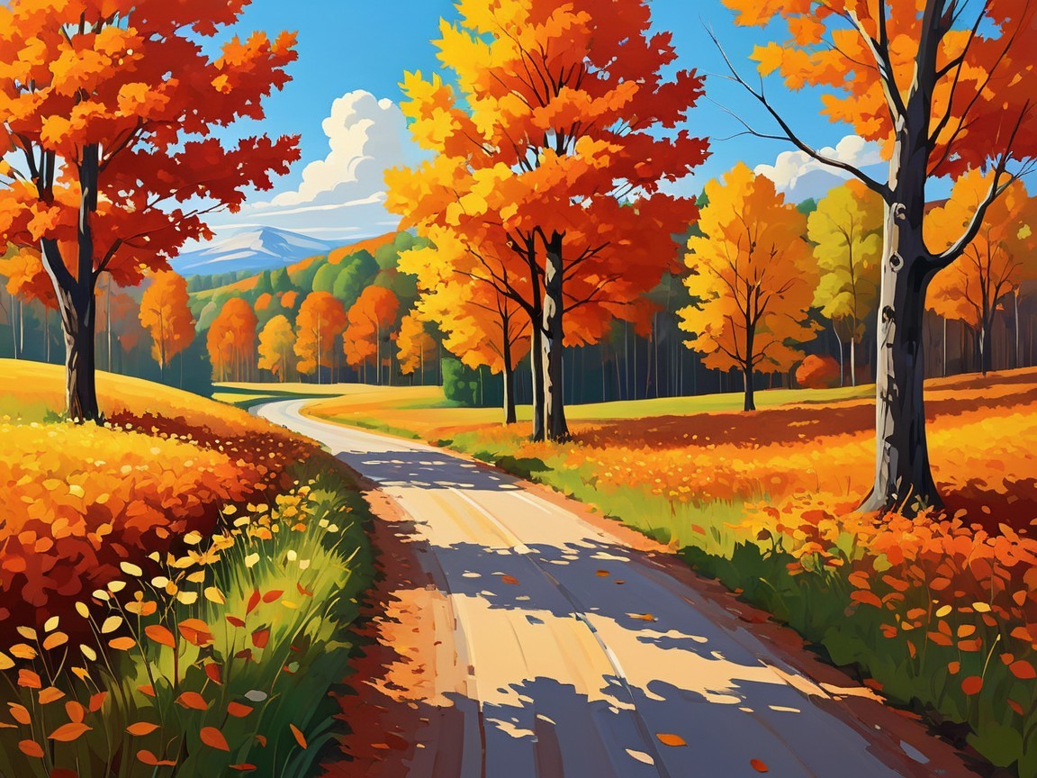 Autumn Landscape with Winding Road and Vibrant Foliage