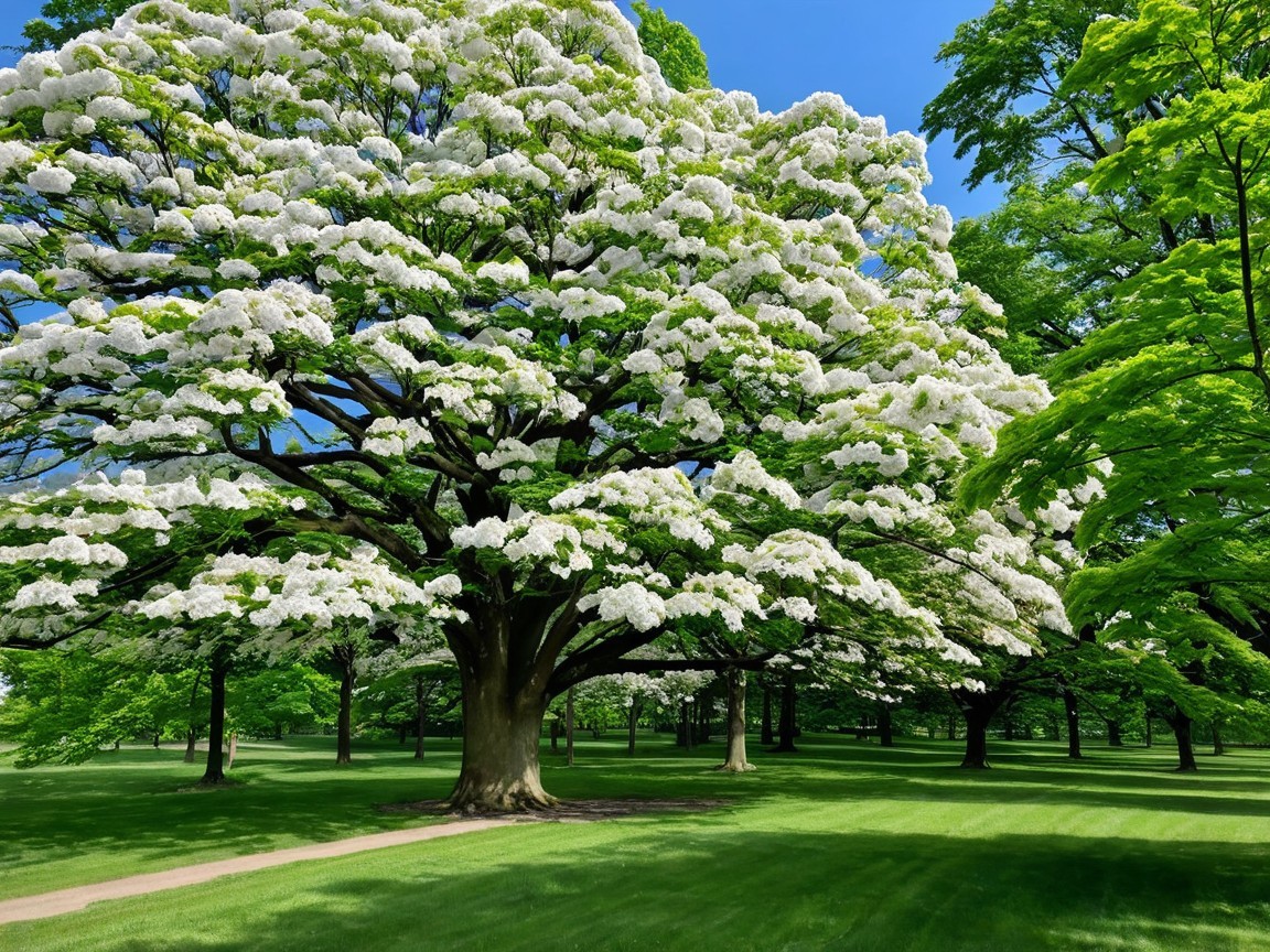 Majestic tree with white blossoms in a green park