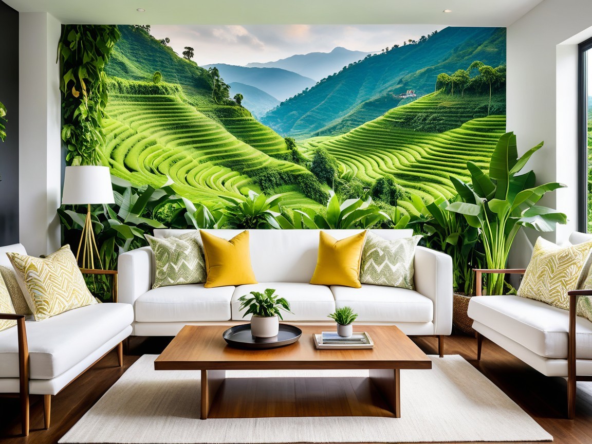 Modern Living Room with Lush Mural and Houseplants