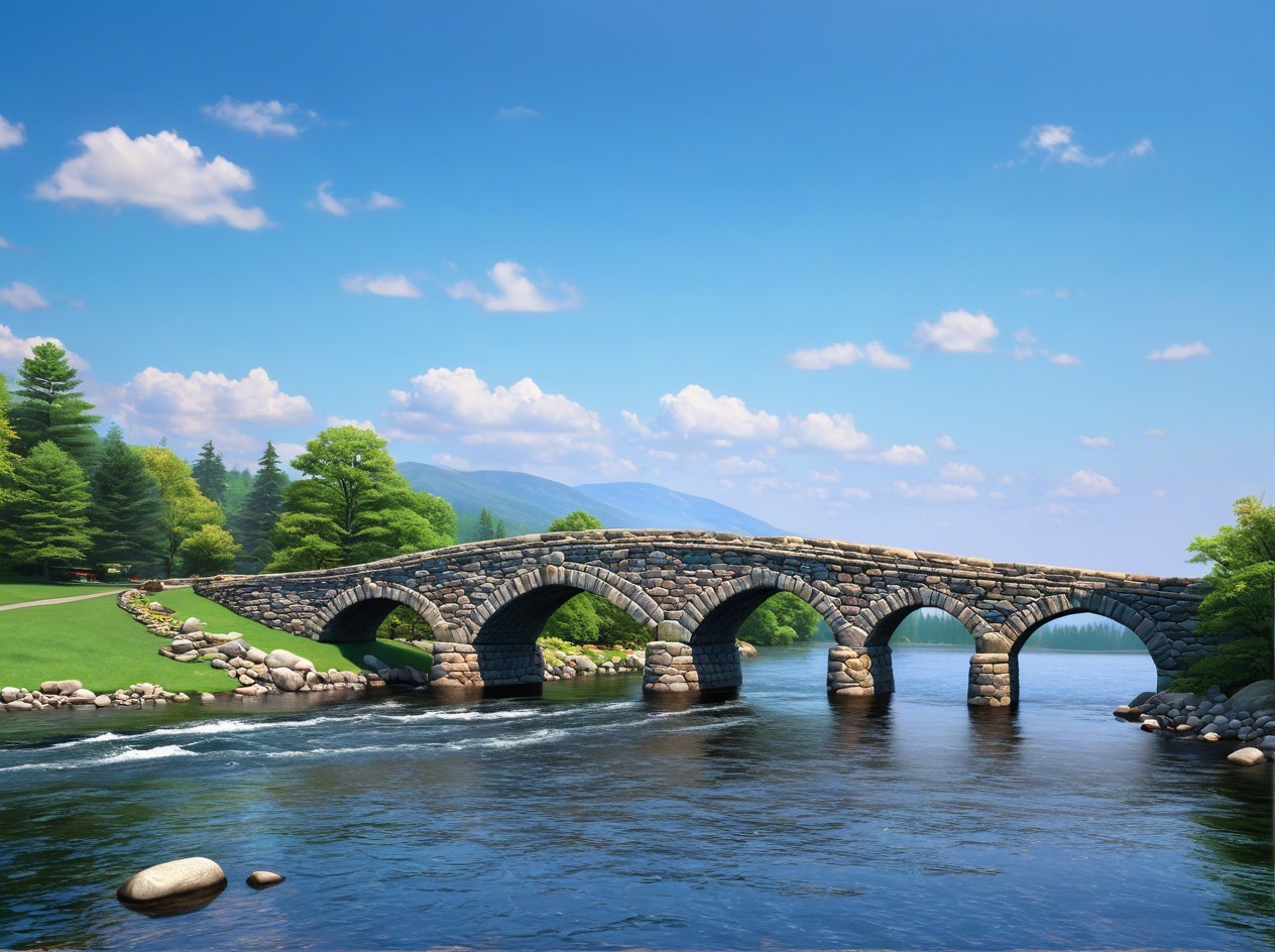 Stone Arch Bridge Over Flowing River with Mountains