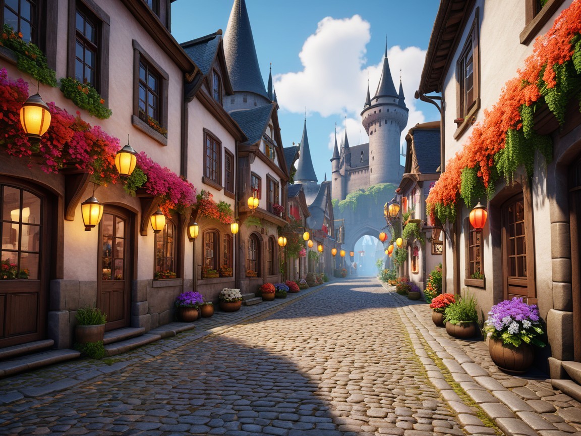 Charming Village with Cobblestone Street and Castle