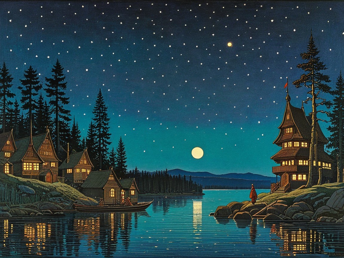 Tranquil Lakeside Night Scene with Illuminated Cabins