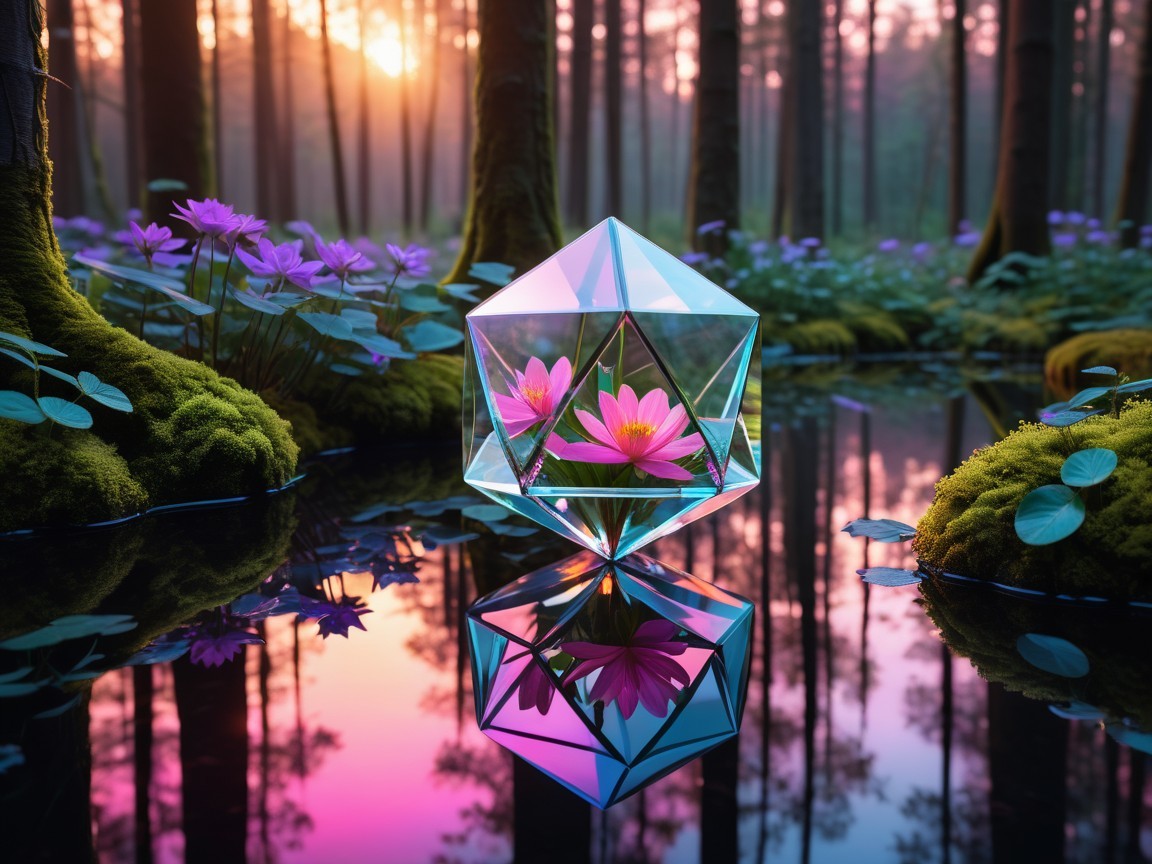 Tranquil Forest Scene with Glass Crystal and Water Lilies