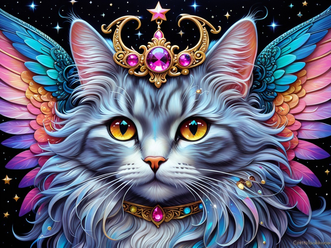 Mystical Cat with Golden Crown and Feathered Wings
