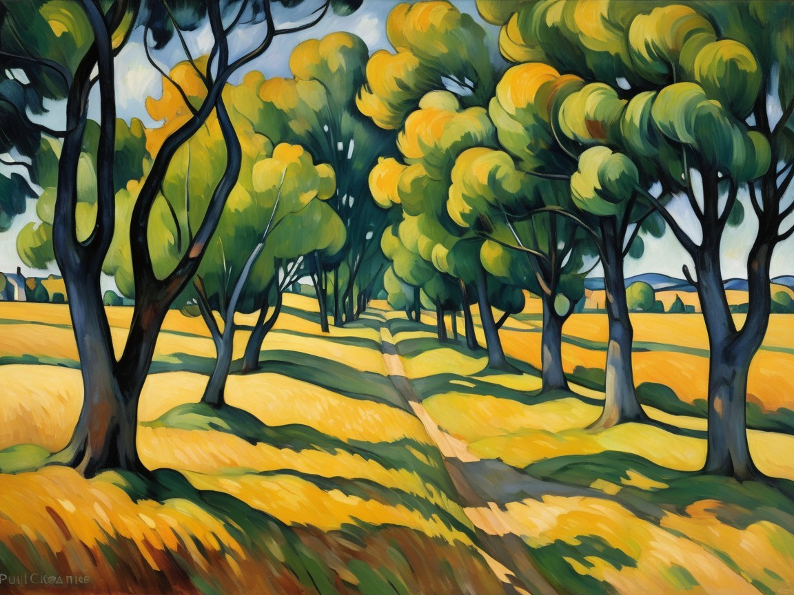 Vibrant Expressionist Painting of Tree-Lined Lane