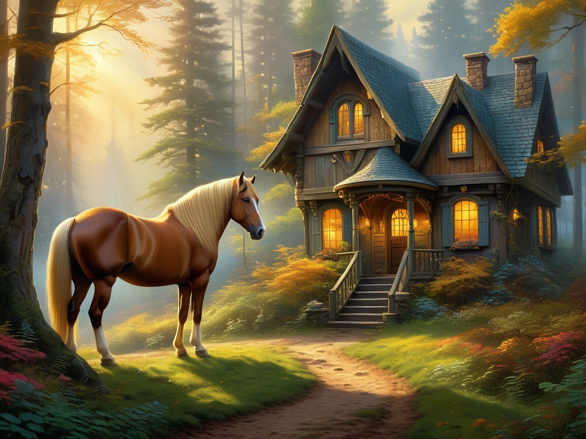 Horse by a Cozy House in an Autumn Forest Scene