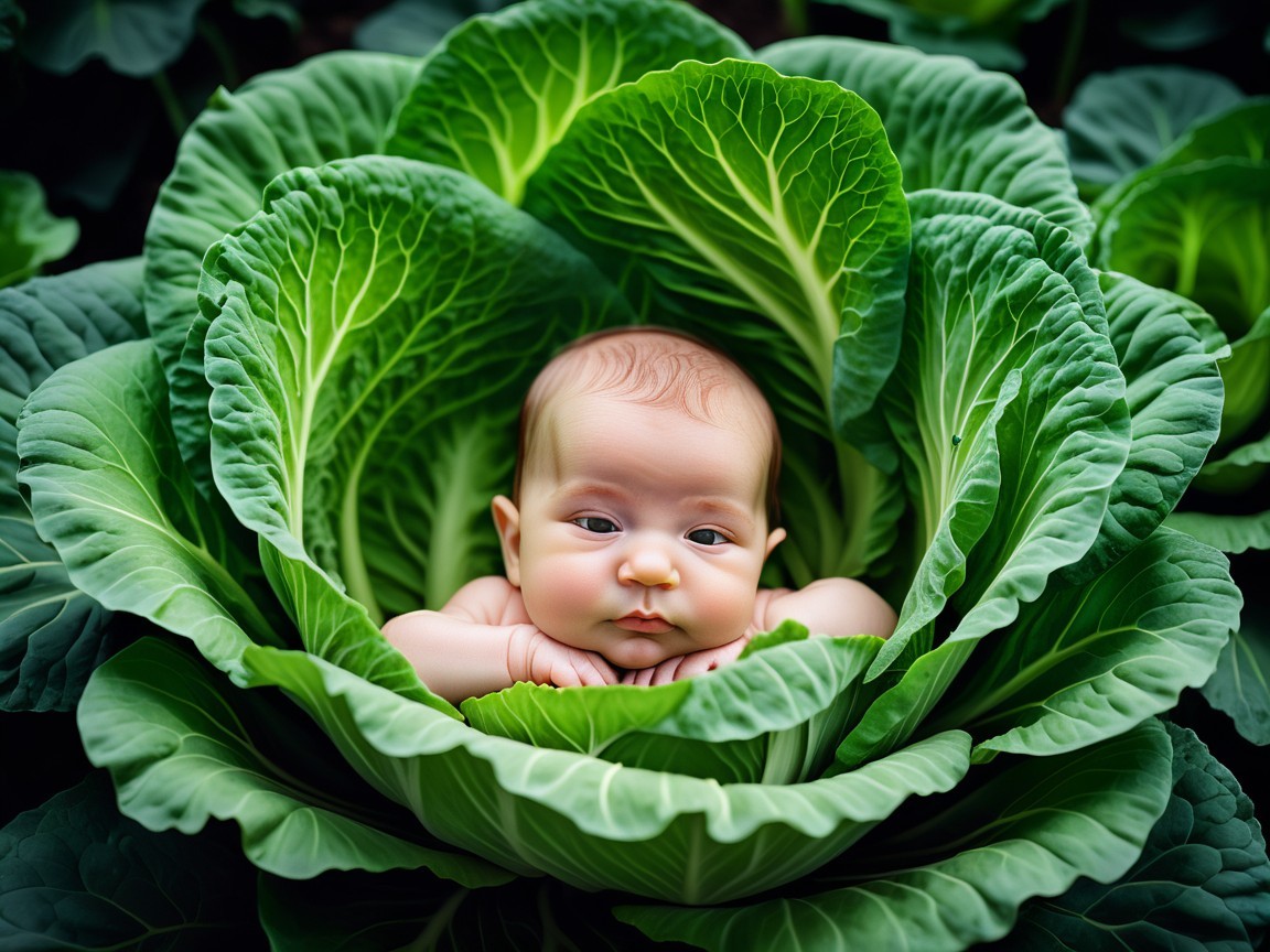 Baby Nestled in a Lush Green Cabbage Scene