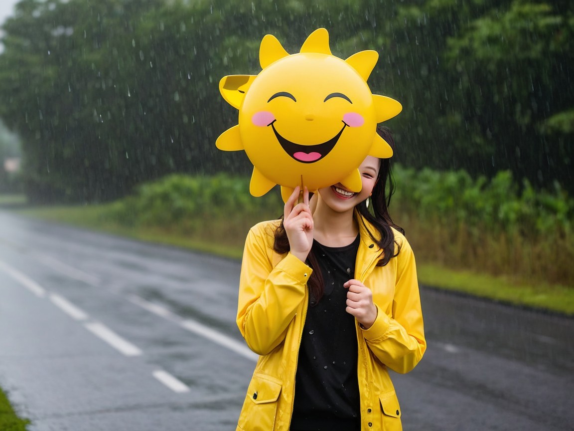 Young woman with sun balloon on rainy road