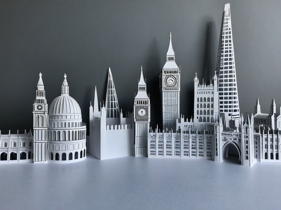 White Paper Model of London Skyline with Landmarks