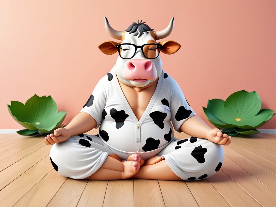 Cartoon Cow Meditating in Pajamas Surrounded by Leaves