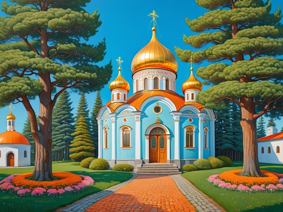 Bright Blue Russian Orthodox Church Surrounded by Nature