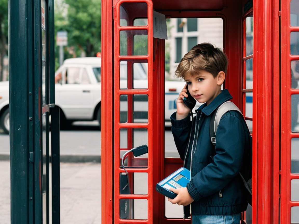 Young boy in classic red telephone booth scene