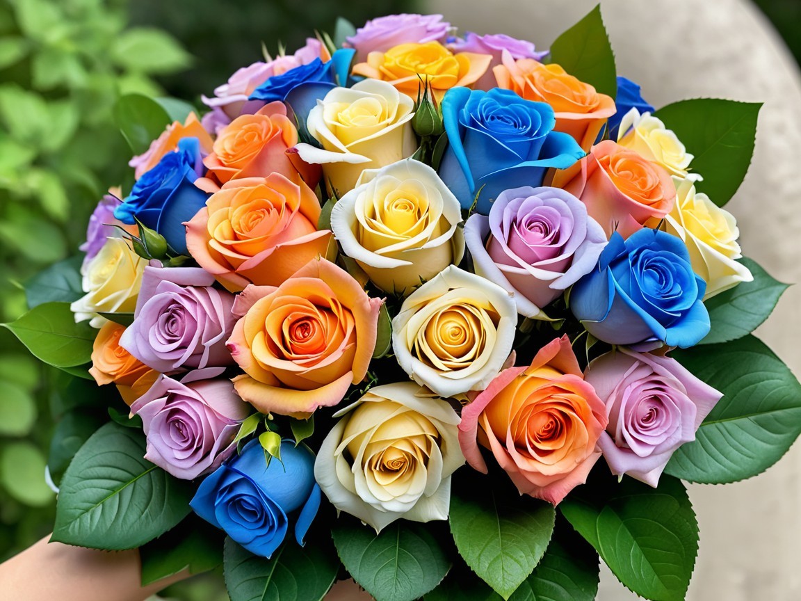 Vibrant Mixed Hue Rose Bouquet with Green Leaves