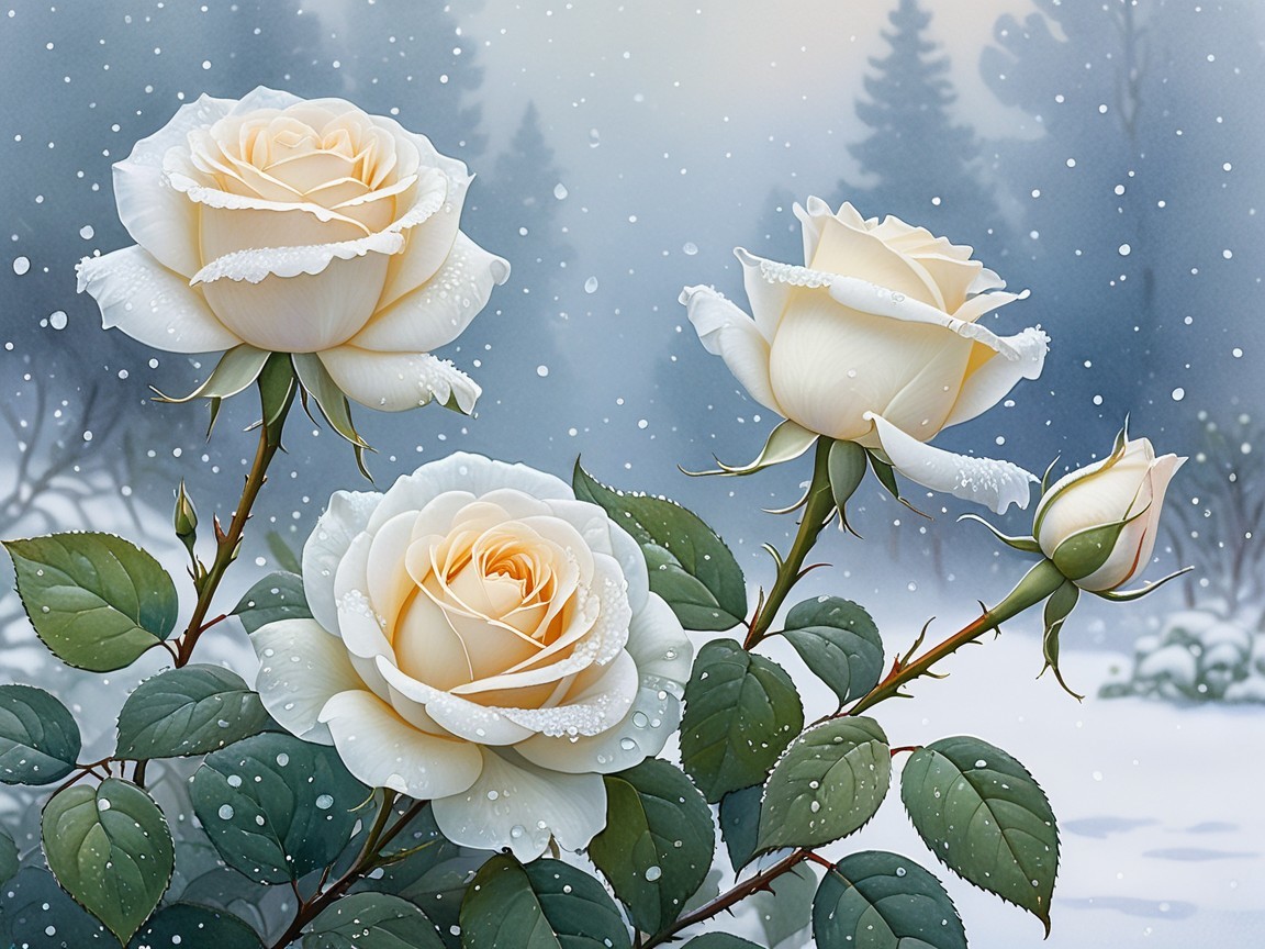 Winter Scene with White Roses and Snowy Landscape