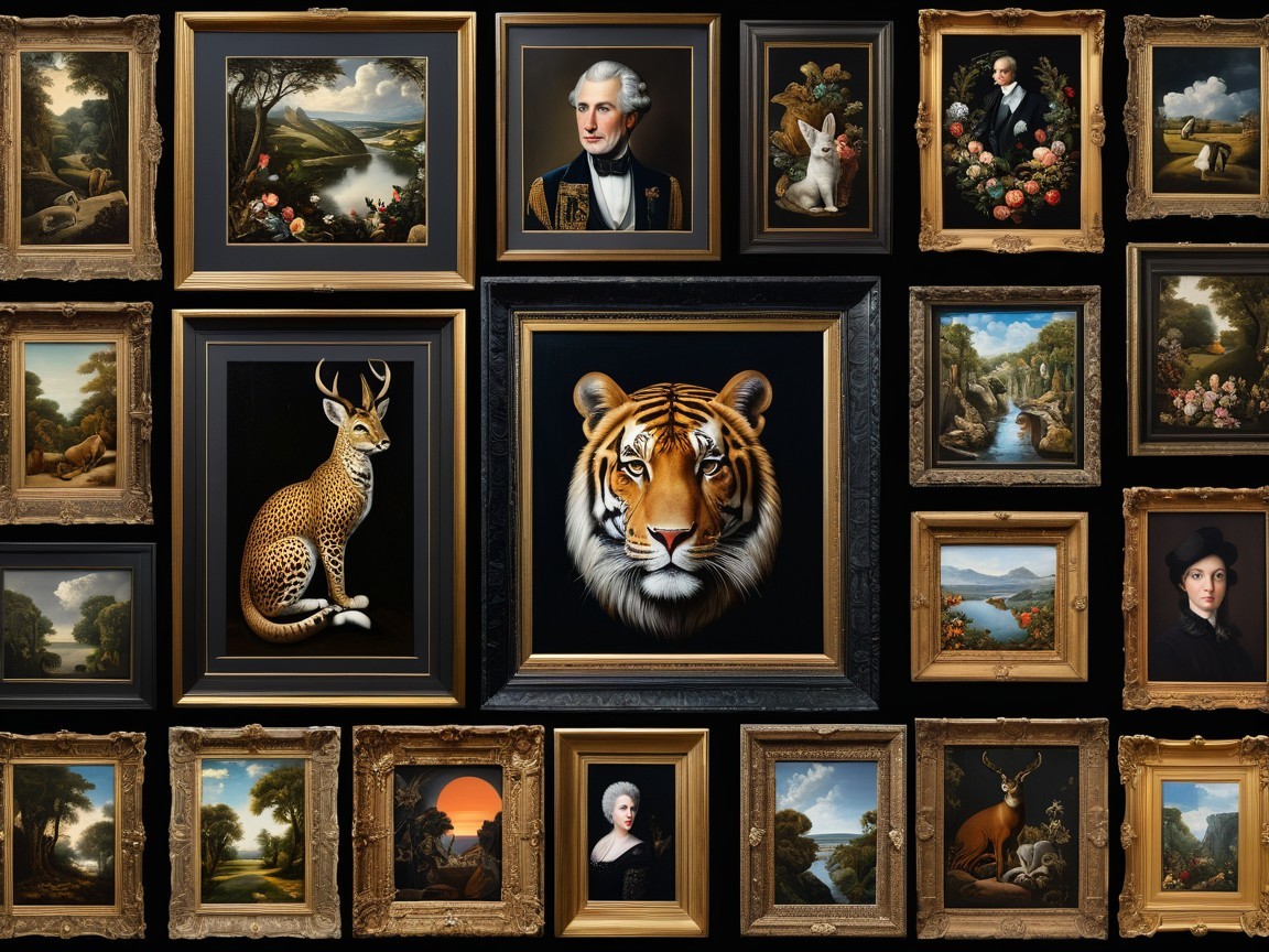 Gallery Wall of Framed Classical and Realistic Paintings