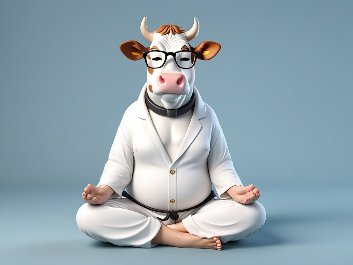 Cartoon Cow in Lab Coat Meditating with Calm Expression