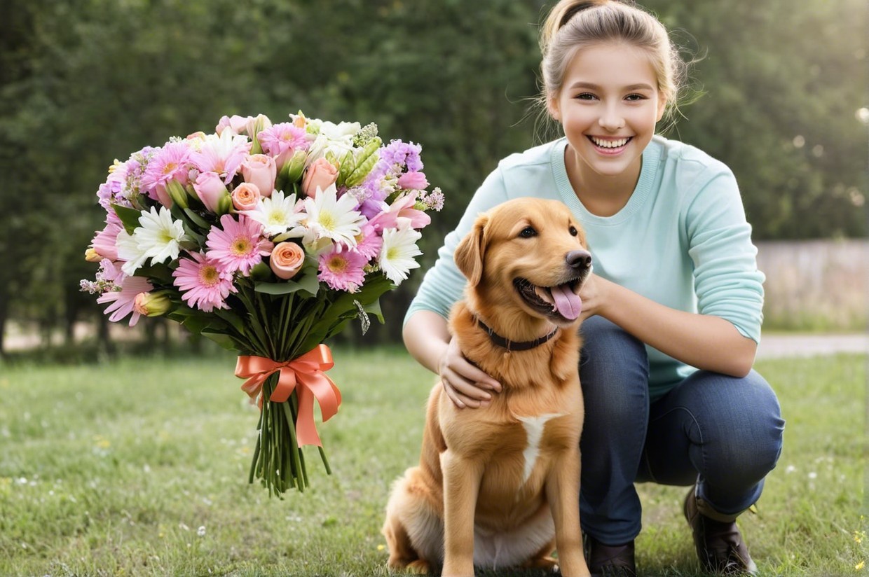 Young girl with golden retriever in green field