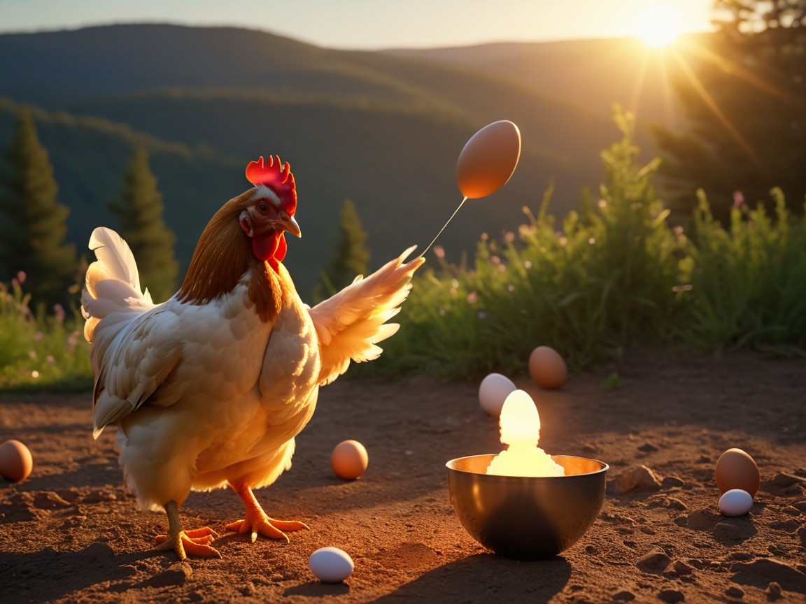 Whimsical Sunrise Scene with Chicken and Eggs