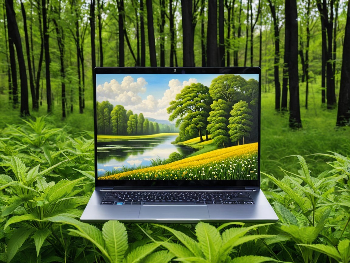 Laptop in Forest with Scenic Landscape Display