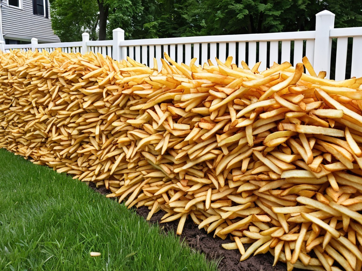 Golden French Fries Wall Along Green Lawn and Fence