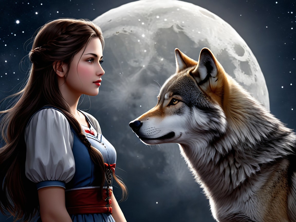 Young Woman and Wolf Under Full Moon in Forest