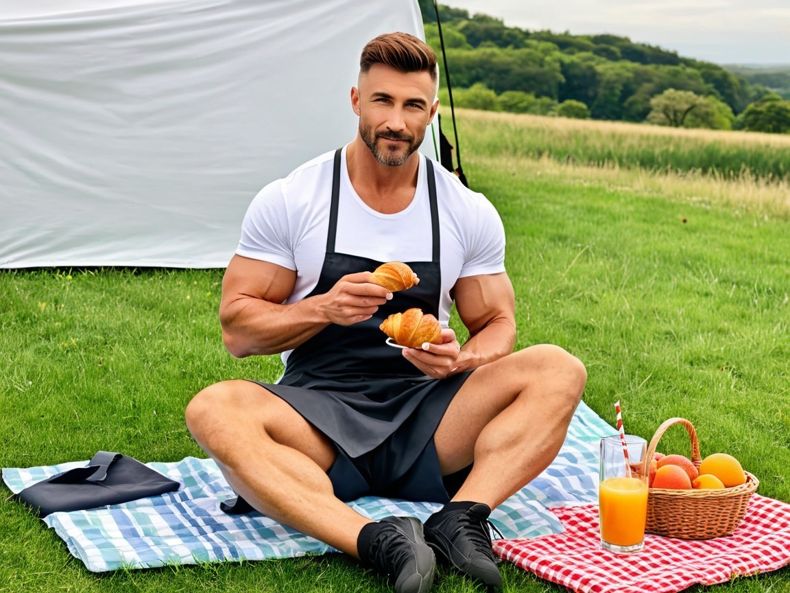 Muscular Man Enjoys Pastries in Scenic Outdoor Setting