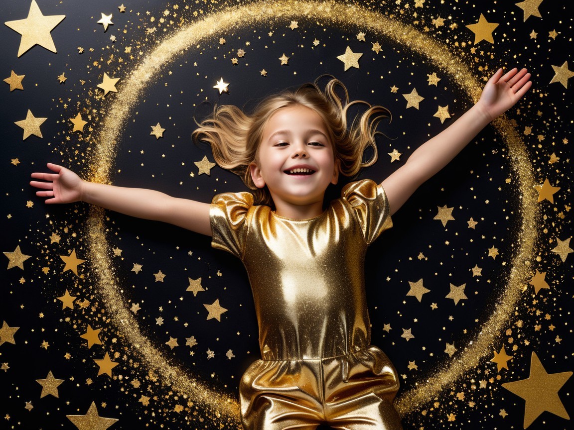 Child in shiny gold outfit on starry backdrop