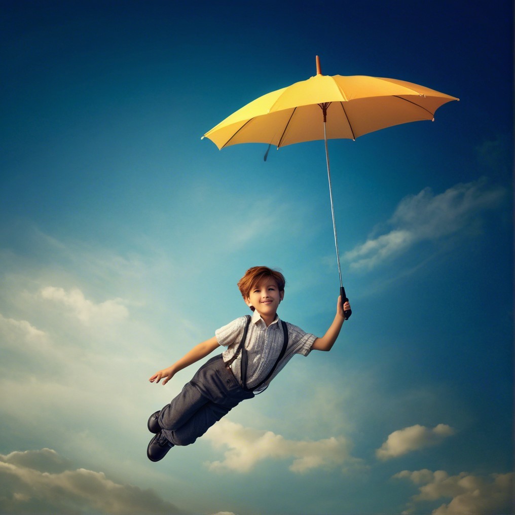 Young boy with umbrella in bright blue sky