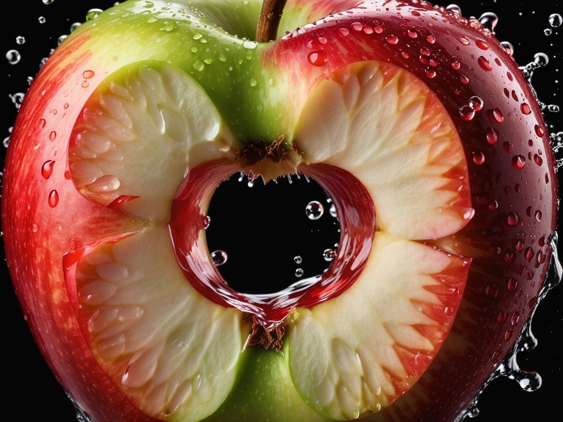 Sliced Apple with Heart-Shaped Core and Water Droplets