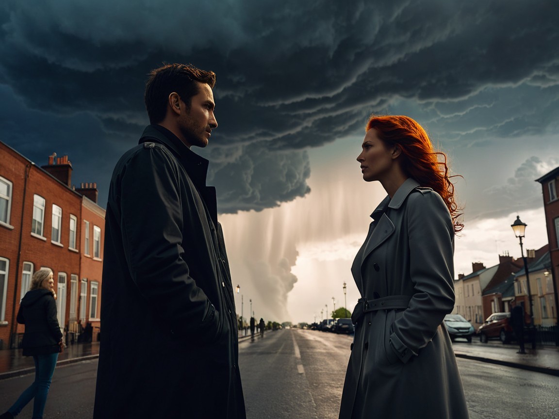 Couple in Trench Coats Under Ominous Storm Clouds
