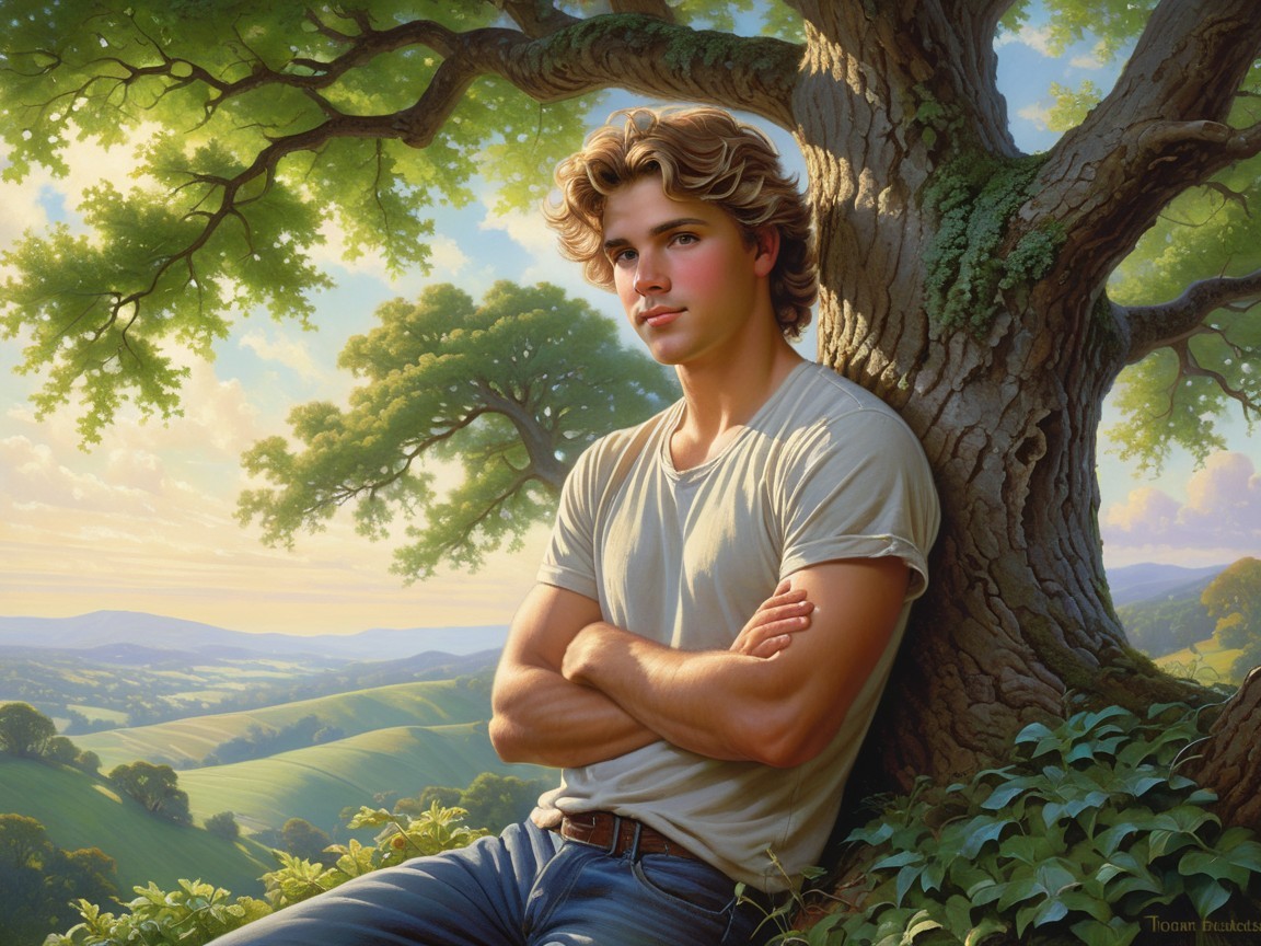 Young man by tree in tranquil natural landscape