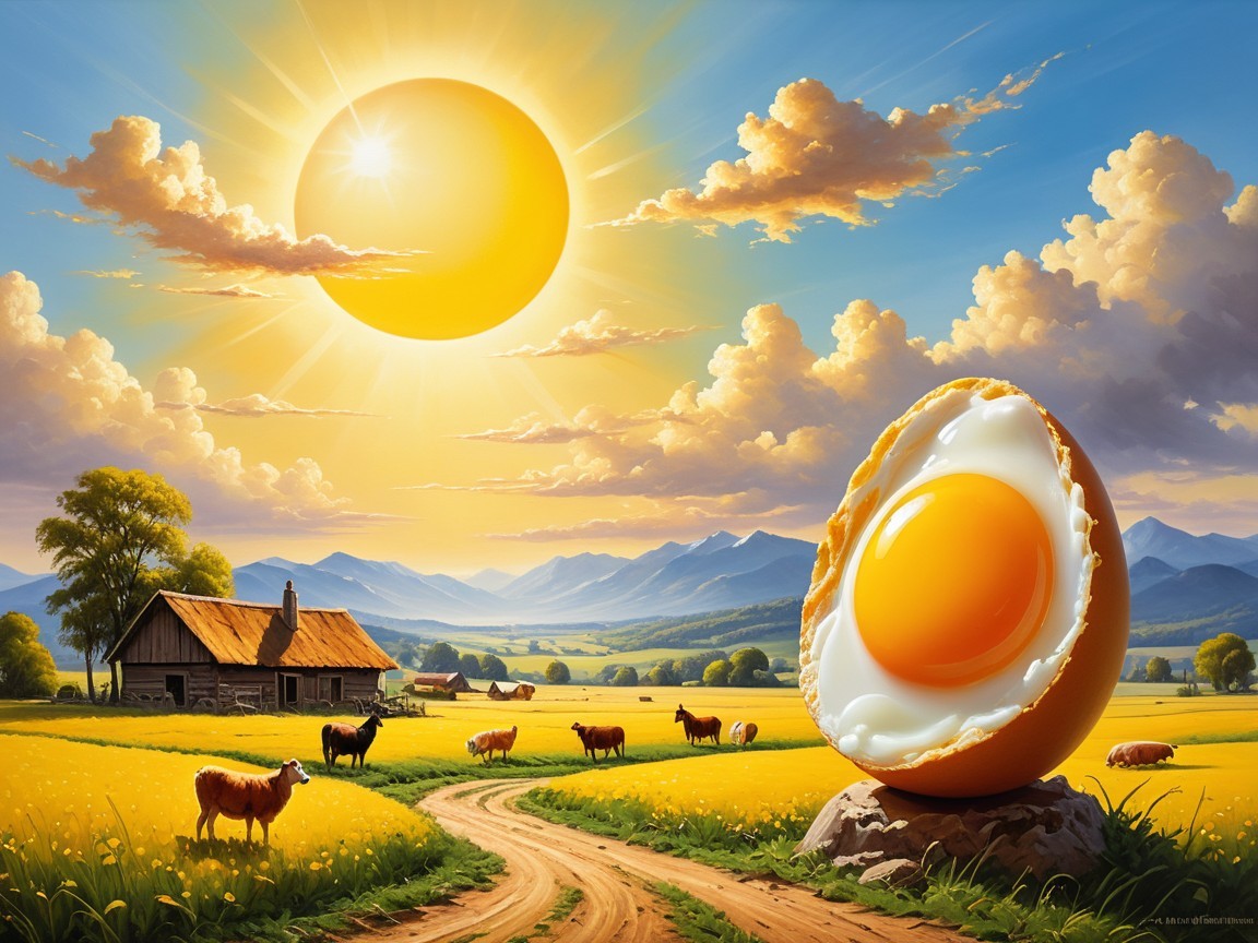 Surreal Landscape with Giant Egg in Golden Field