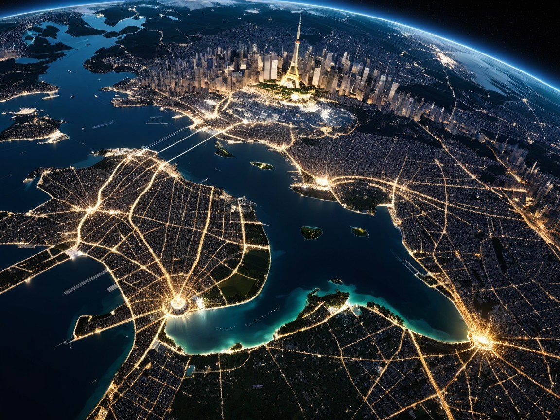 Aerial Nighttime View of a City Skyline with Lights